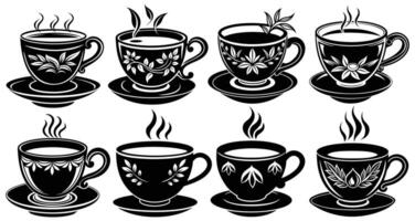 Coffee and tea cup bundle silhouette with beautiful design isolated on a white background vector