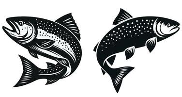 Two jumping salmon fish silhouettes art isolated on a white background vector