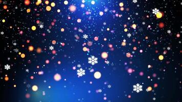 Flying snow on a blue background and beautiful glitter bokeh of particles and dust. 4K motion graphics. snowfall overlay, background - winter, snowflakes. Abstract particle background. seamless loop. video