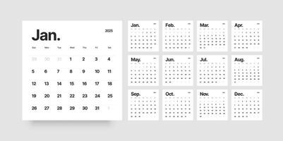 Monthly calendar template for 2025 year. Wall calendar in a minimalist style. Week Starts on Sunday. vector