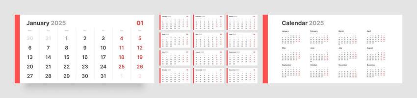 Monthly calendar template for 2025 year. Quarterly calendar in a minimalist style. Week Starts on Monday. vector
