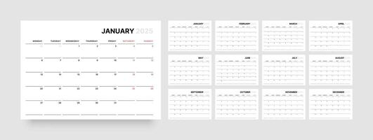 Monthly calendar template for 2025 year. Diary planner in a minimalist style. Week Starts on Monday. vector