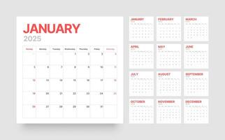 Monthly calendar template for 2025 year. Desk calendar in a minimalist style. Week Starts on Sunday. vector