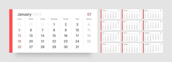 Monthly calendar template for 2025 year. Quarterly calendar in a minimalist style. Week Starts on Sunday. vector