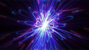 Abstract scientific background with bright neon energy swirling hi-tech lines on a dark background. video