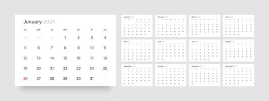 Monthly calendar template for 2025 year. Wall or desk calendar in a minimalist style. Diary planner for 2025 year. Week Starts on Sunday. vector