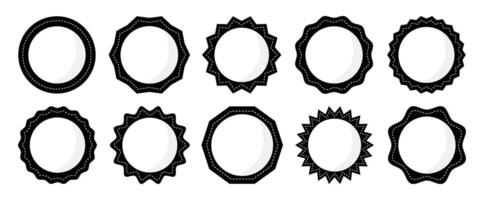 Set of simple circle frame icon set. Collection of empty circular stamp. Rounded zig-zag stitched circle set black and white color. Circle template for logo, stickers and business sign symbol. vector