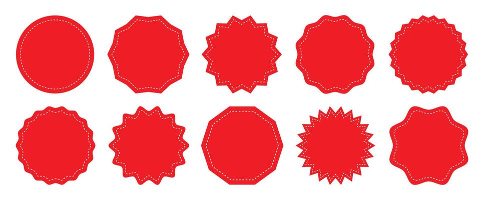 Collection circle postage stamps red color. Round stamp sticker icon set in red color. Price sticker set, sale or discount sticker. Circle template for logo, stickers and business symbol set.