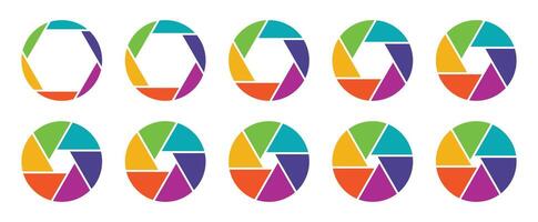 Camera aperture icon symbol set in colors. Camera lens diaphragm icon isolated set. Shutter camera aperture lens icon set. Aperture icons set different style. Isolated illustration. vector