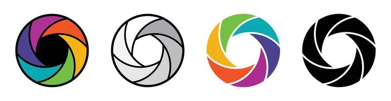 Camera aperture icon symbol set in different color. Silhouette camera lens diaphragm icon isolated set. Shutter camera aperture lens icon set different style. Aperture icons set. illustration. vector