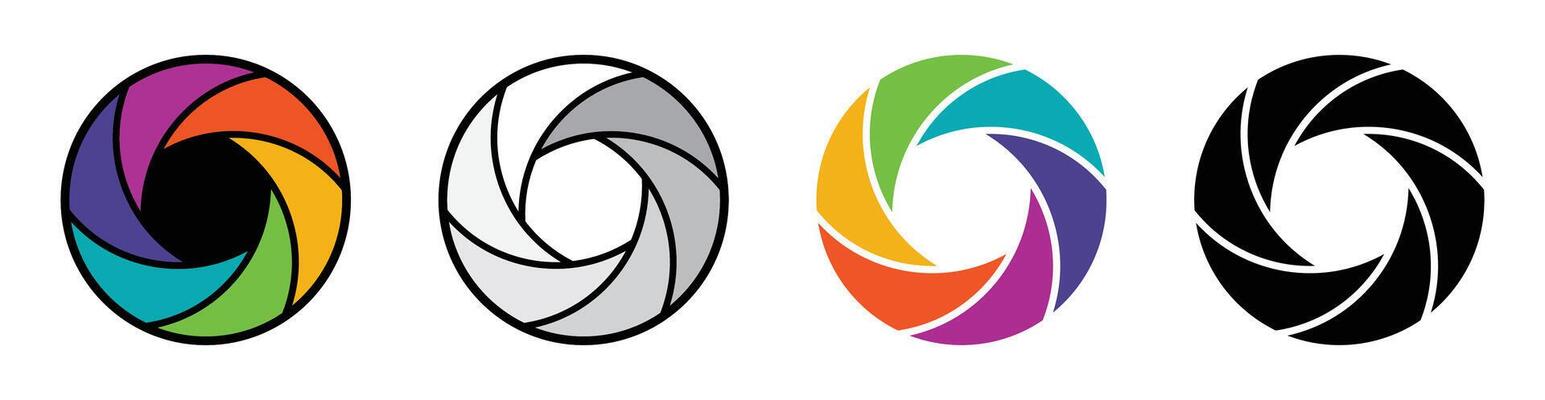 Camera aperture icon symbol set in different color. Silhouette camera lens diaphragm icon isolated set. Shutter camera aperture lens icon set different style. Aperture icons set. illustration.
