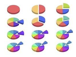 Pie chart with divided segments in 3d Visualization in multiple colors on white background. Circle pie chart in 1,2,3,4,5,6,7,8,9,10,11,12 sections or segments. Used for analyzing data. vector