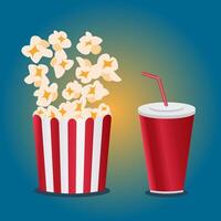3D bowl full of popcorn and paper glass of drink soda. Popcorn in cardboard box. vector