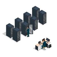 Engineers Working in Data Center Room. Installation and configuration hardware. vector