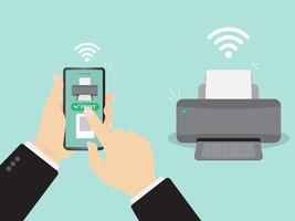 Man's hands hold a smartphone and print a document to a wireless printer. vector