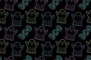 Seamless neon ghost pattern for Halloween. Playful glowing design on black background, perfect for spooky and festive decorations. vector