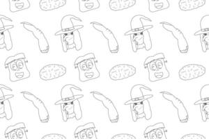 Fun Halloween-themed coloring page featuring witches, monsters, and brains in a seamless pattern. Great for kids and creative projects. vector