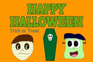 Colorful Halloween illustration featuring cartoon characters like a mummy, Frankenstein, and a coffin with playful text. vector