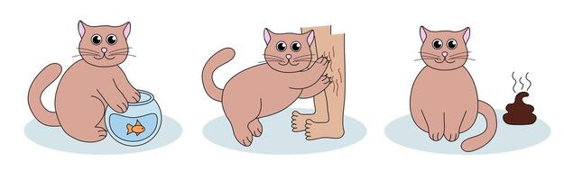Set of problem with cat behavior. Kitten scratches, goes to the toilet, fishing. Cute hand drawn flat illustration. vector