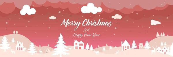 Red Christmas background, winter forest landscape. With text Merry Christmas and Happy New Year. vector