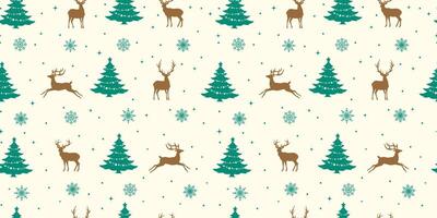 Christmas seamless pattern design, Christmas tree, reindeer and snowflake. Green and brown color combination. vector