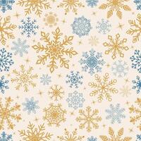 Snowflake seamless pattern design, blue and gold on white background. vector