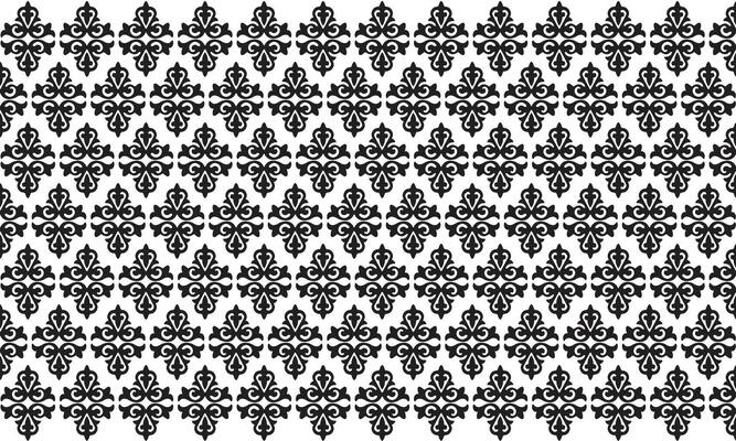 Elegant black and white damask pattern covering a surface, showcasing intricate design and symmetry in a timeless style.