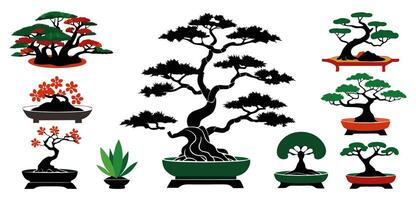 A collection of a variety of bonsai trees in different styles, for gardening, nature vector