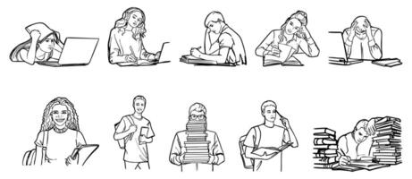 set, Life of university students. Students studying, education, socializing. People studying in library, classroom, lecture, exam. Clean, flat design and white background vector