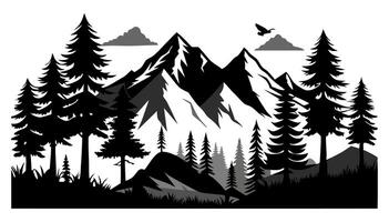 A black and white silhouette of a mountain range with pine trees and a flying bird, perfect for nature, travel, and adventure themes vector