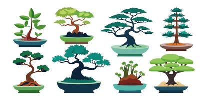 A collection of a variety of bonsai trees in different styles, for gardening vector