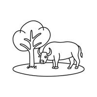 An illustration of a buffalo grazing in an open field beside tree vector