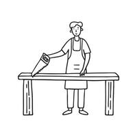 An illustration of a carpenter use saw on workbench vector