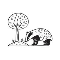 An illustration of a badger digging in the ground near a tree vector