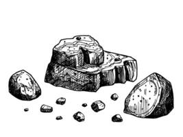 Rock stone. Hand sketch line drawing illustration on white background. Scattering of stones sketch for landscape sketch design. vector