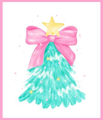 Preppy Christmas Tree with bow and star watercolor hand painting in Pink and Mint green Pastel