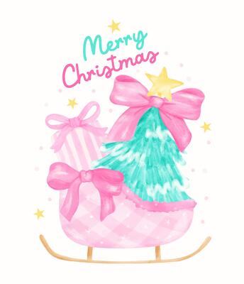 Preppy Christmas Tree in Santa sleigh with present Pink and Mint green Pastel watercolor hand painting