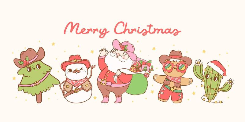 group of Cute Retro Christmas Cowboy with Santa, cactus, tree, snowman and gingerbread man hand drawn cartoon doodle collection banner