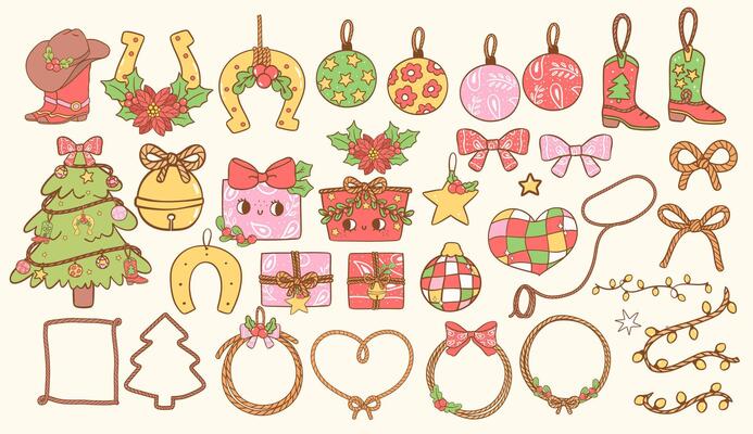 Retro Christmas Cowboy ornaments and decoration element clipart set Hand drawn cartoon character collection