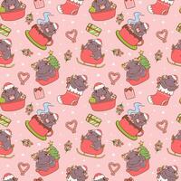 Festive Christmas Baby Pygmy Hippo seamless pattern isolated on pink background vector