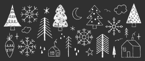 Set of elements for Christmas illustration with crayon, chalk or pastel texture. Kids illustration on a black background. vector