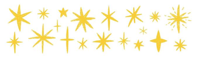 Set of stars, twinkle and spark with crayon, chalk or pastel texture. Yellow and drawn Kids illustration on a white background. vector