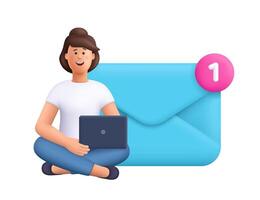 Woman sitting with crossed legs near big envelope with notification, holding laptop. Sending or receiving letters email message. 3d people character. Cartoon minimal style. vector