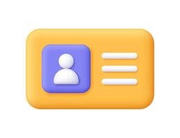 Id card, identity badge, driver license. Business, security concept. 3d icon. Cartoon minimal style. vector