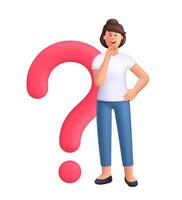Woman standing near a big question mark and thinking of a solution. Choice, problem solving concept. 3d people character. Cartoon minimal style. vector