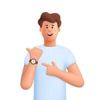 Man pointing to wrist watch, showing time. Time management, deadline concept. 3d people character. Cartoon minimal style. vector