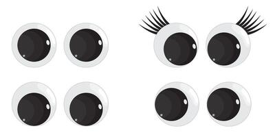 A set of plastic toy eyes. Glossy, bulging, puppet eyes. Cute, round, , isolated elements. Look down, up, left, right. Different, shaking, silly, hilarious pairs of eyeballs. vector