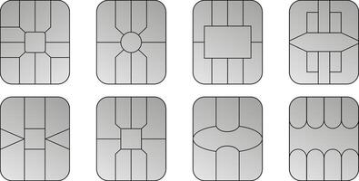 EMV chip silver icons. Contactless payment at terminals and ATMs. Square computer microchips for credit debit cards. Set line nfc symbol. vector