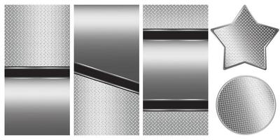 Set of silver-gray metal surface featuring a 3D chrome polish and shiny diamond plate pattern. vector
