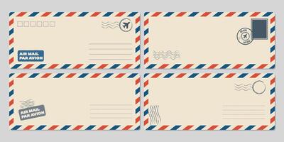 Postcard envelope template set. Greeting card stamps postal services red blue frame fast delivery air ships stylish retro design empty blank graphic template. vector